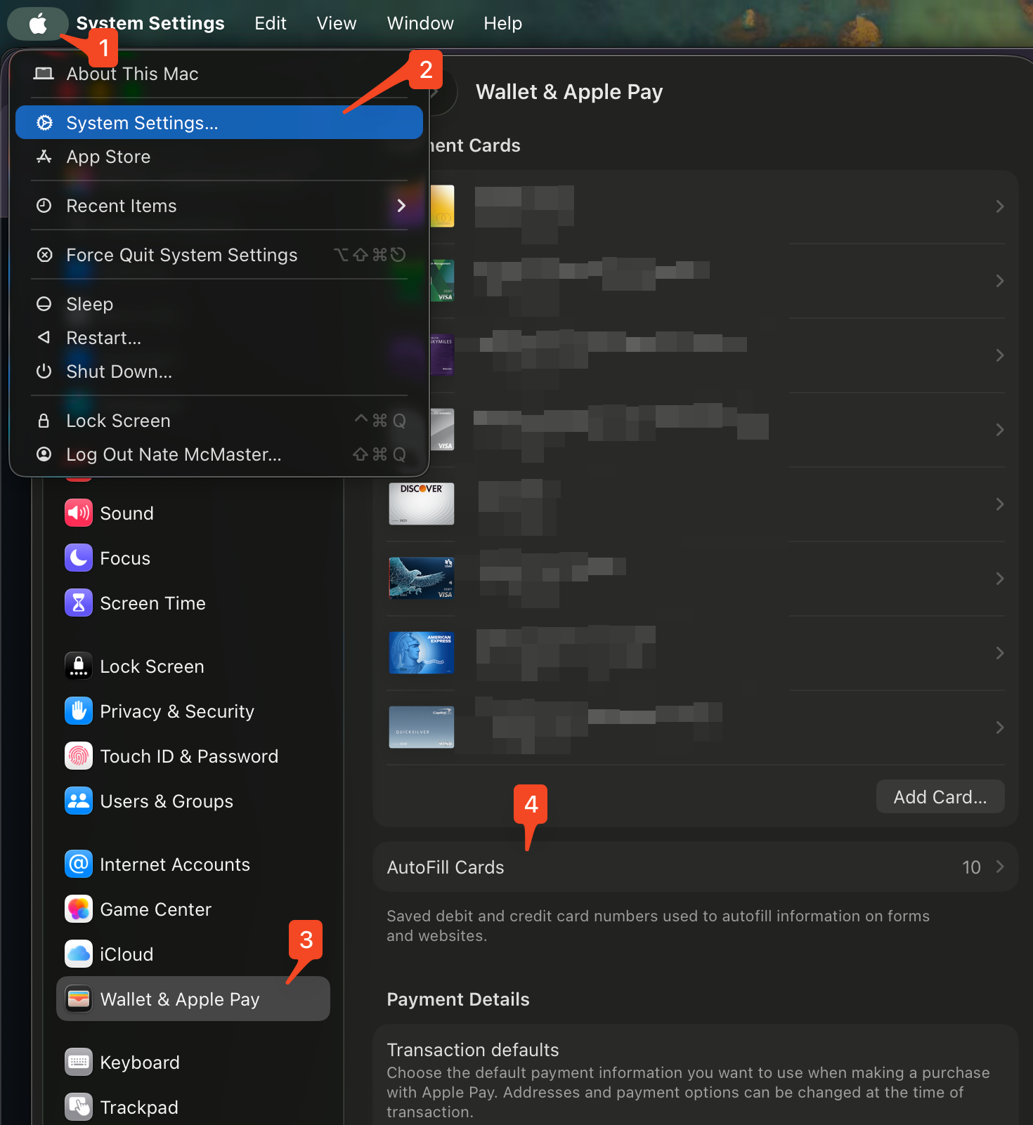 Navigating to saved credit cards in macOS System Settings